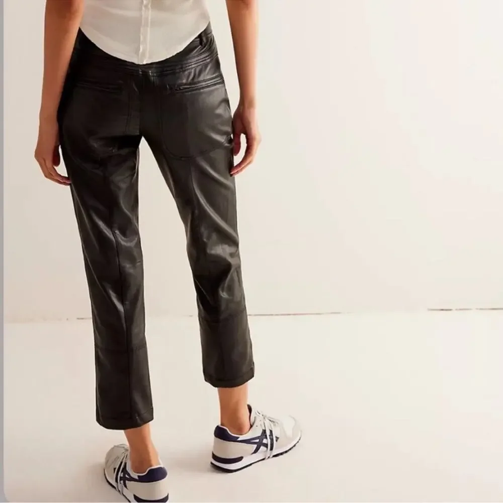 Free People We the Free Black Rebel Vegan Leather Cropped Pants Sz 10
